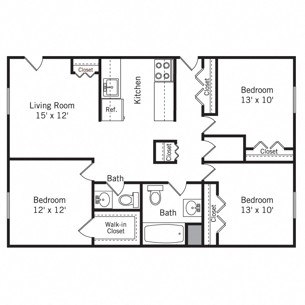 Floor plan for 3 beds, 1.5 baths, 1150 sqft